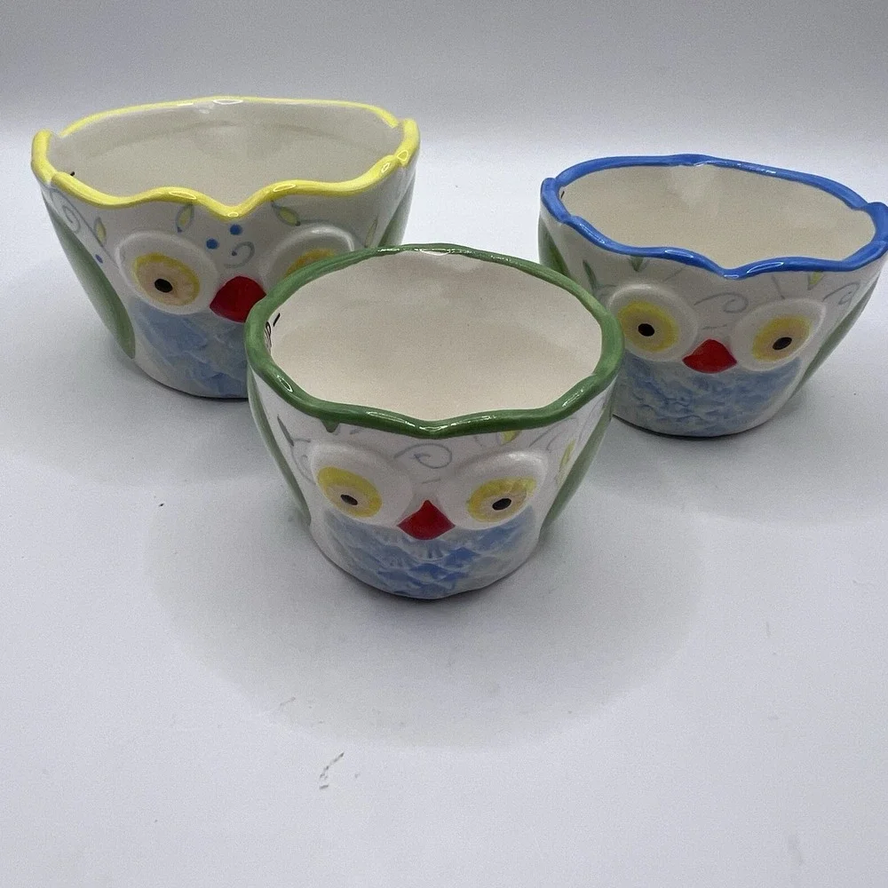 Pier 1 Imports Hand Painted Nesting Owl Measuring Cups ~ Set Of 3 1/4 1/3 1/2
